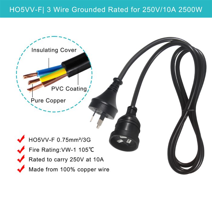 3 X 0.75Mm Black Male To Female Power Cord 5