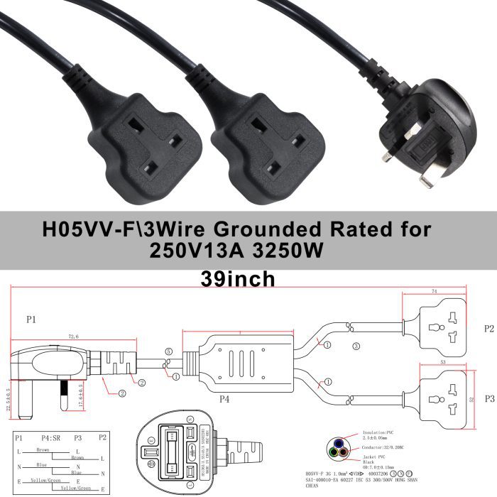 2 Outlets Extension Y Type Splitter Power Cord 6
