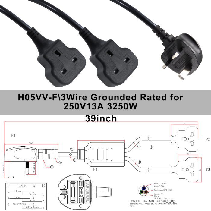 2 Way Y Power Y Splitter Extension Lead Power Strip 6