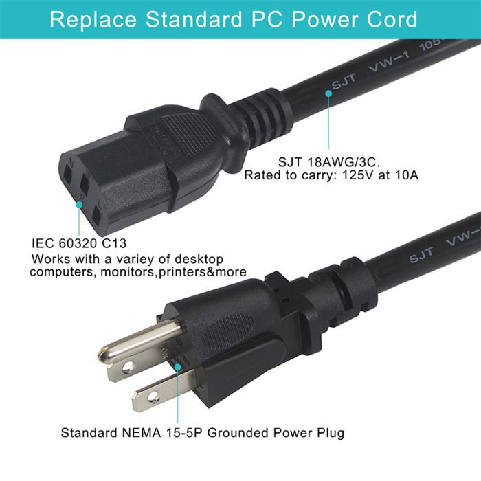 American SVT SJT 14/16/18 AWG Black 125V 10A 3 Pin C13 Plug Prong Electric Iec nema 5-15 Power Cord 5